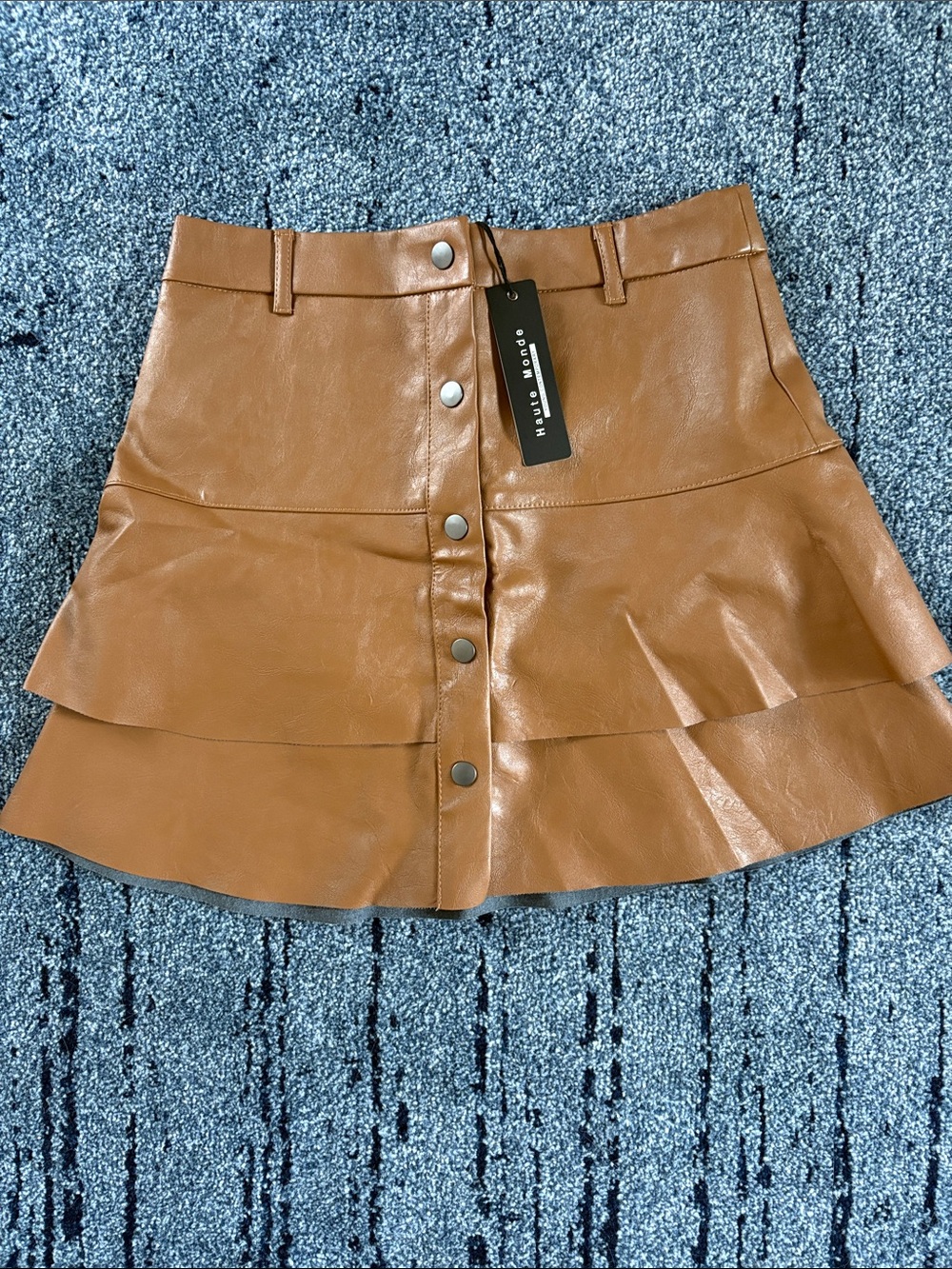 Haute Monde Cognac Faux Leather Tiered Mini Skirt